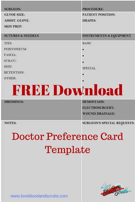 Printable Template Free Printable Surgeon Preference Card